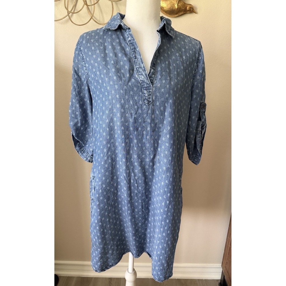 Cloth & Stone Anthropologie Chambray Tunic Dress S Blue White Print Rollā Tab